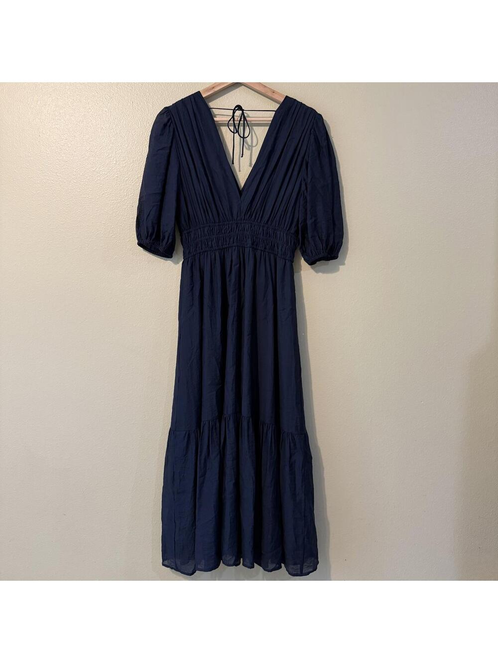 Abercrombie & Fitch Navy V-Neck Puff Sleeve Maxi Dress Size M Petite - Picture 3 of 8